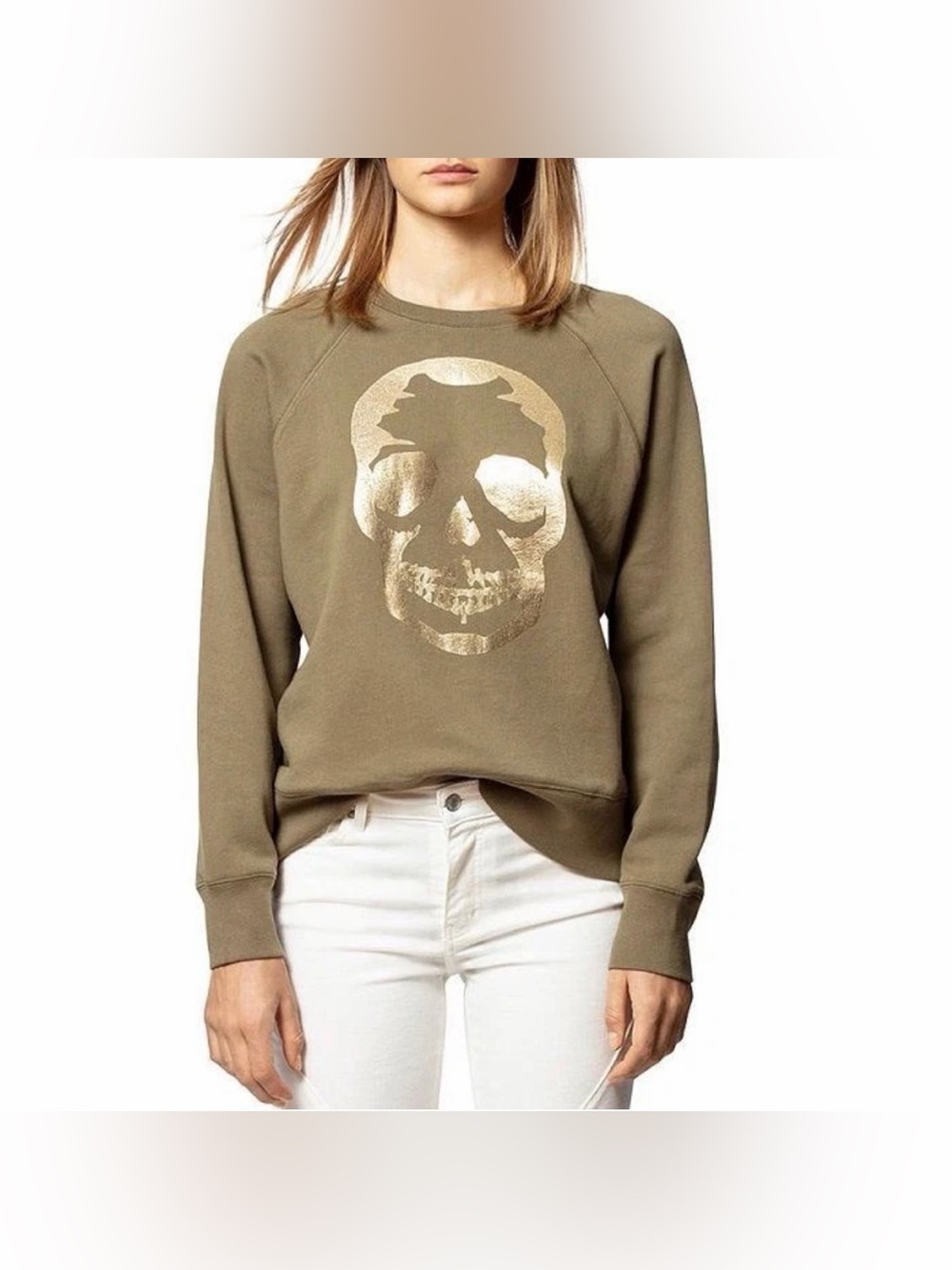 ZADIG & VOLTAIRE GOLD Green Khaki Size XS Skull Strass Crewneck Sweatshirt